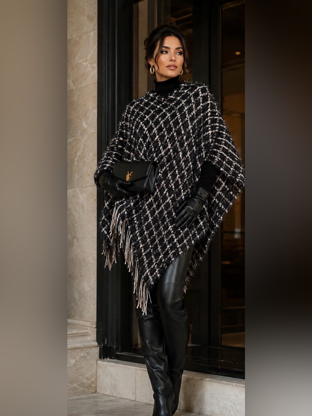 Simonetta Black and Cream Plaid Fringe Poncho